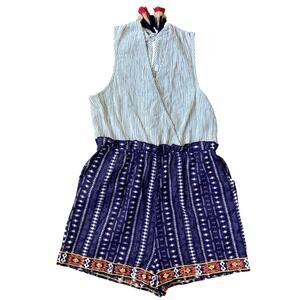 LAIA Anthropologie Romper Shorts Sz L White Blue Stripe 100% Cotton Pockets
